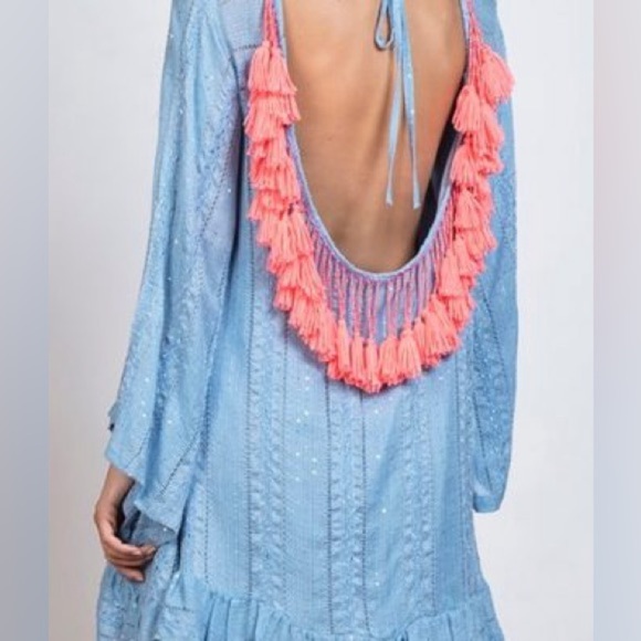 Sundress Indiana Petra Sequin Blue Pink Tassel Open Back Dress Size XS Small - Picture 8 of 9
